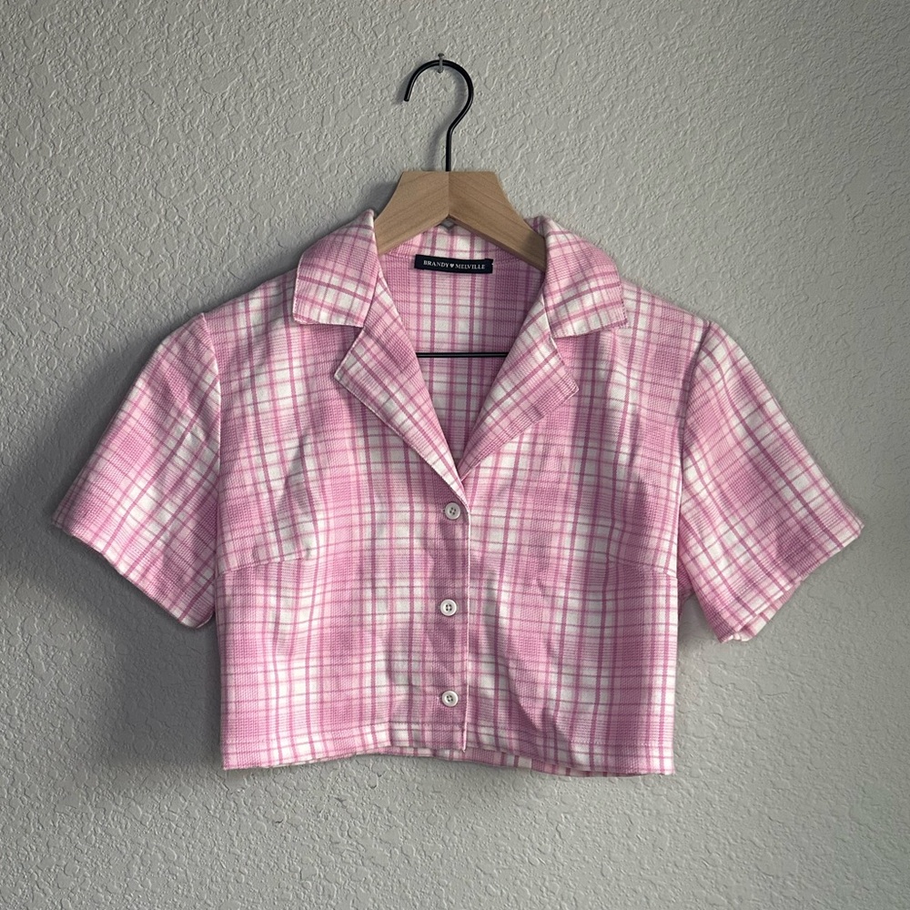 💖Brandy Melville Pink and White Plaid Vivian Cropped Button Top
